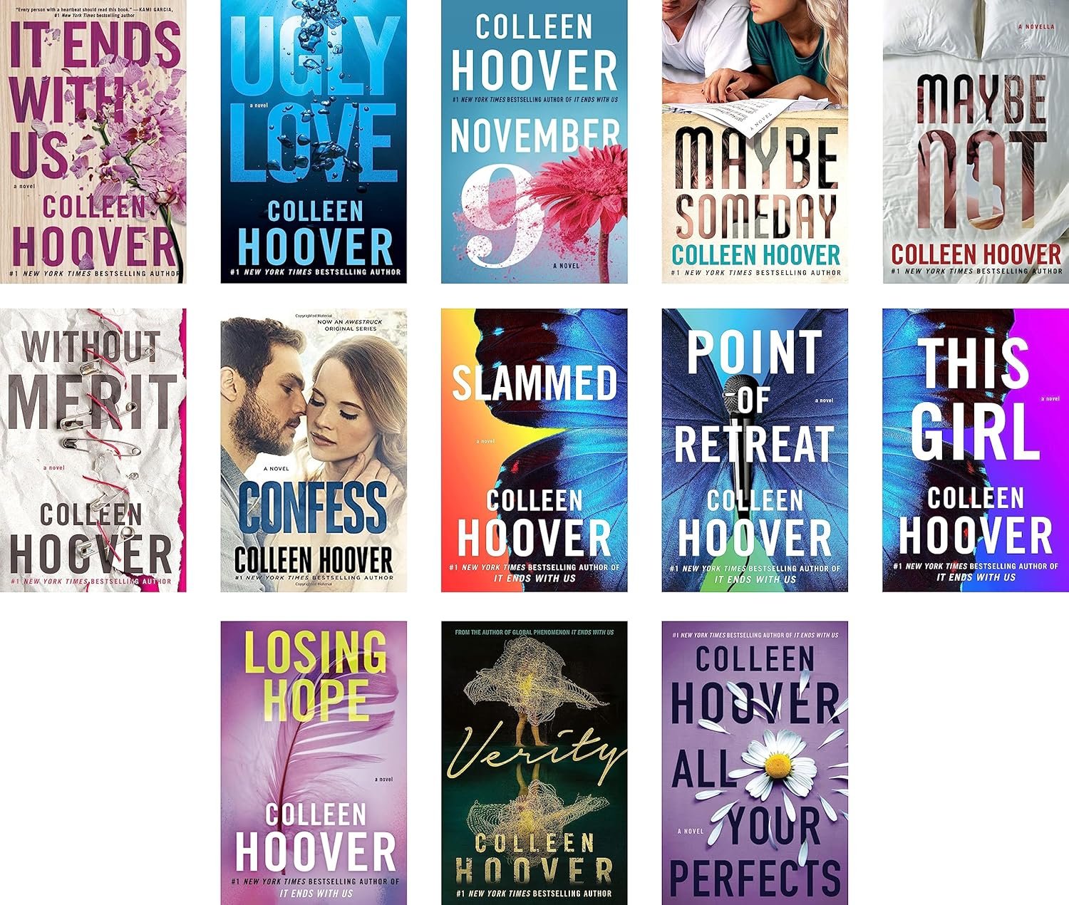 Colleen Hoover 13 Books Collection Set It Ends With Us; Ugly Love; November 9; Maybe Someday; All Your Perfects; Maybe Not; Without Merit; Slammed; Point Of Retreat; Verity; Confess; Losing Hope Product Bundle